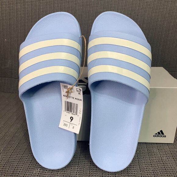 Adidas Adilette Aqua Slides Womens Size 9 Light Blue & White Stripes Slip-on - Picture 2 of 8